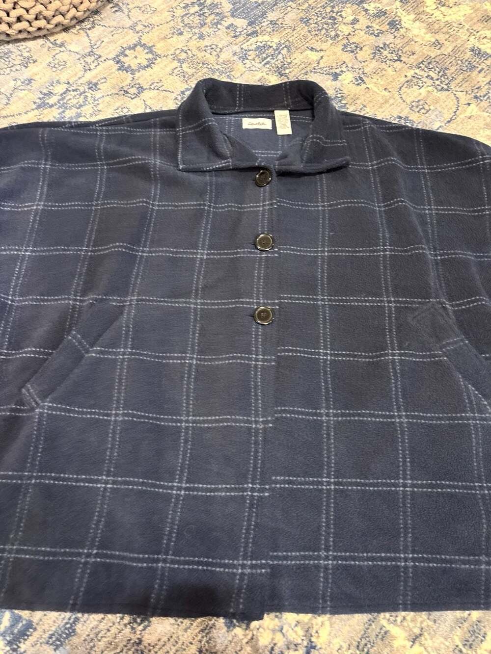 Le Moda Fleece Cape Plaid Blue Button Jacket
